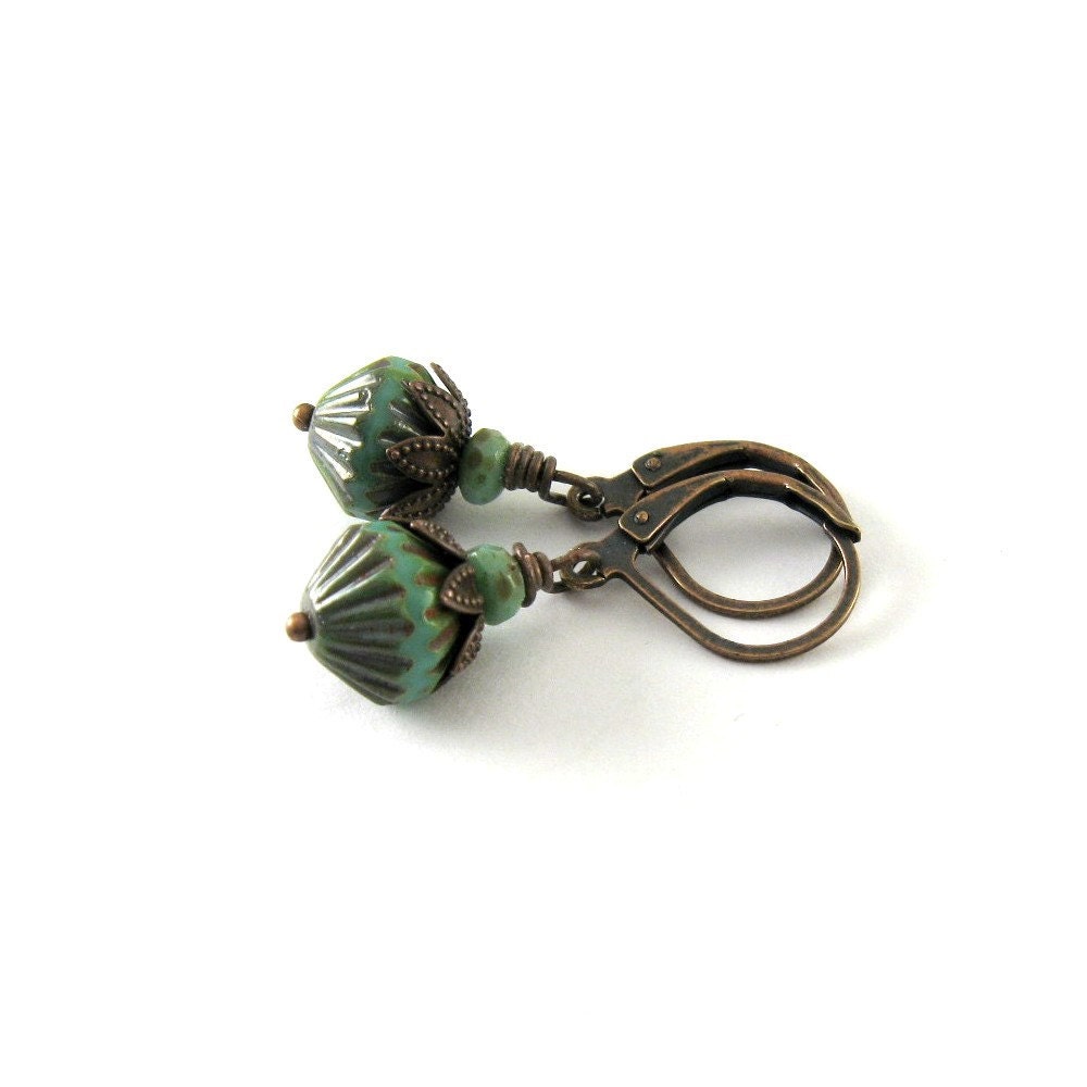 Turquoise Faceted Earrings Czech Glass Antique Brass Beaded Lever Back