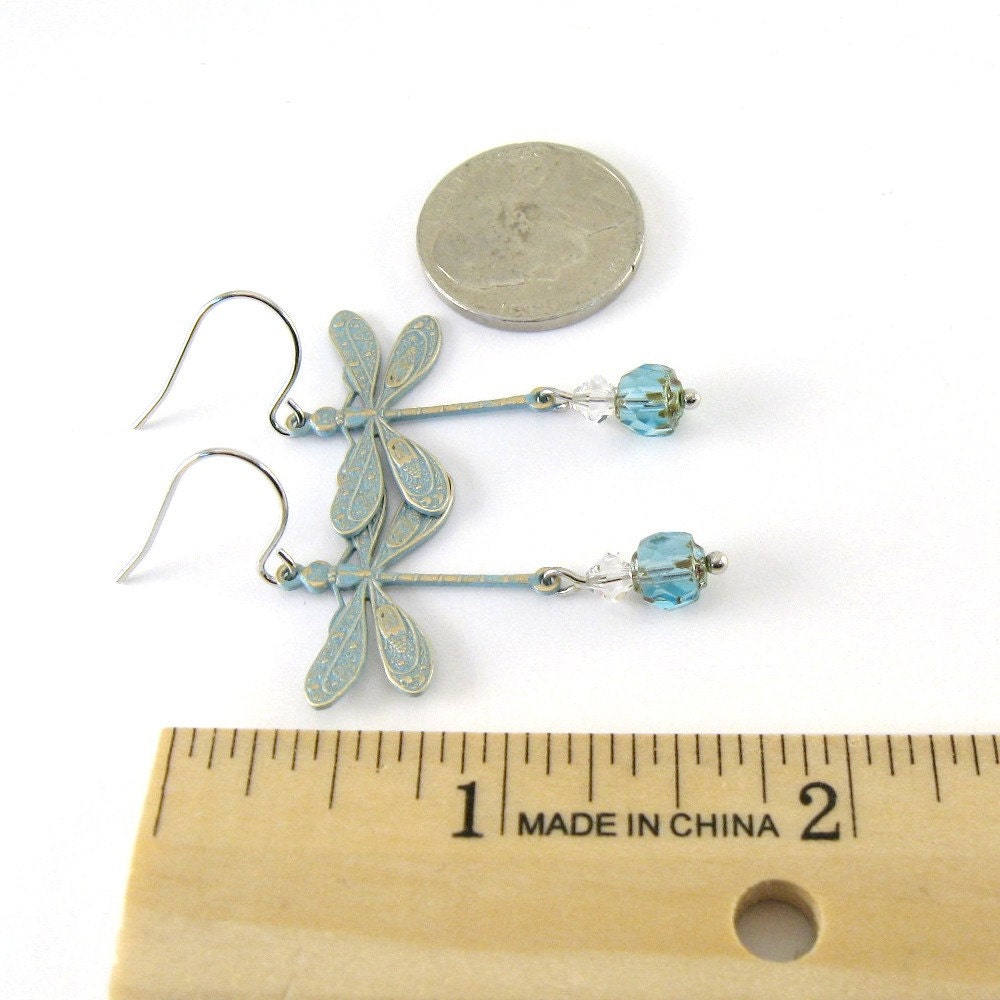 Blue Dragonfly Earrings Sky Blue Patina Blue Czech Glass Crystal Clear Crystal Swarovski Silver Beaded Wire