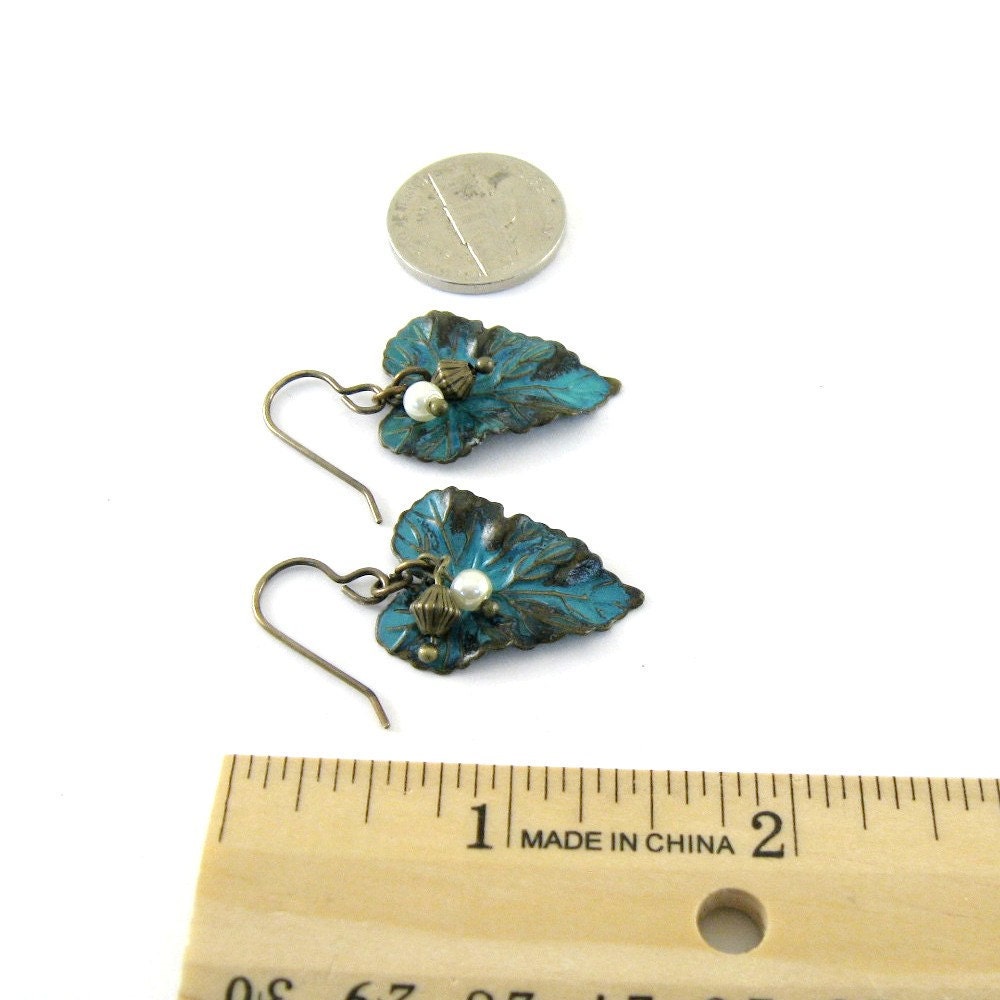 Brass Leaf Earrings Verdigris Wavy Leaf White Pearl Antique Brass Vintaj Beaded Wire