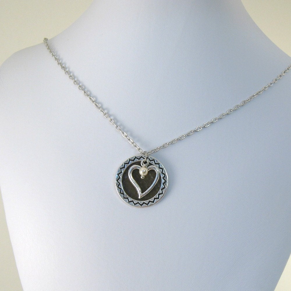 Silver Brass Heart Necklace Hammered Trinity Brass White Glass Pearl Chain Dangle