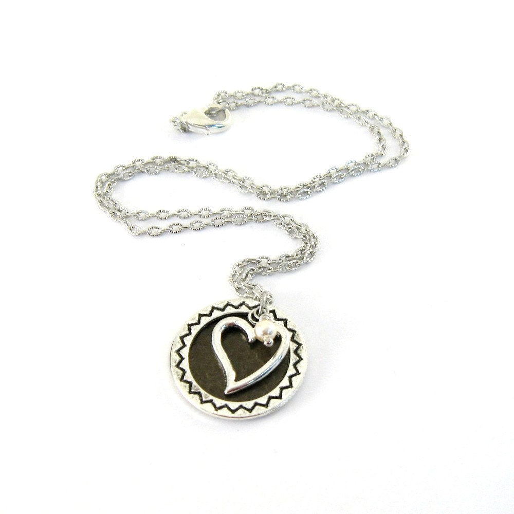 Silver Brass Heart Necklace Hammered Trinity Brass White Glass Pearl Chain Dangle