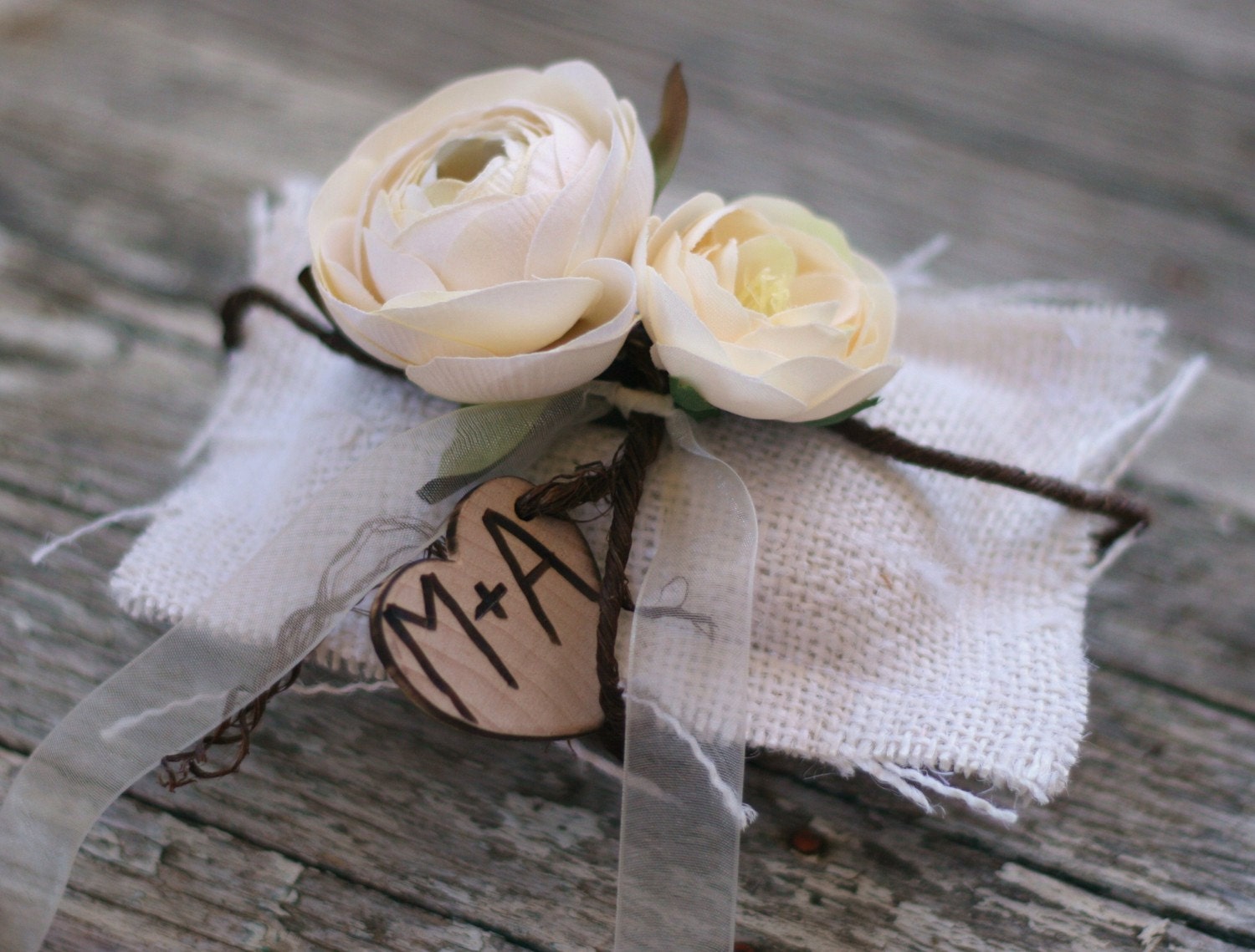 Rustic Personalized Burlap Ring Bearer Mini Pillow Roses Ranunculus Grapevine Accents