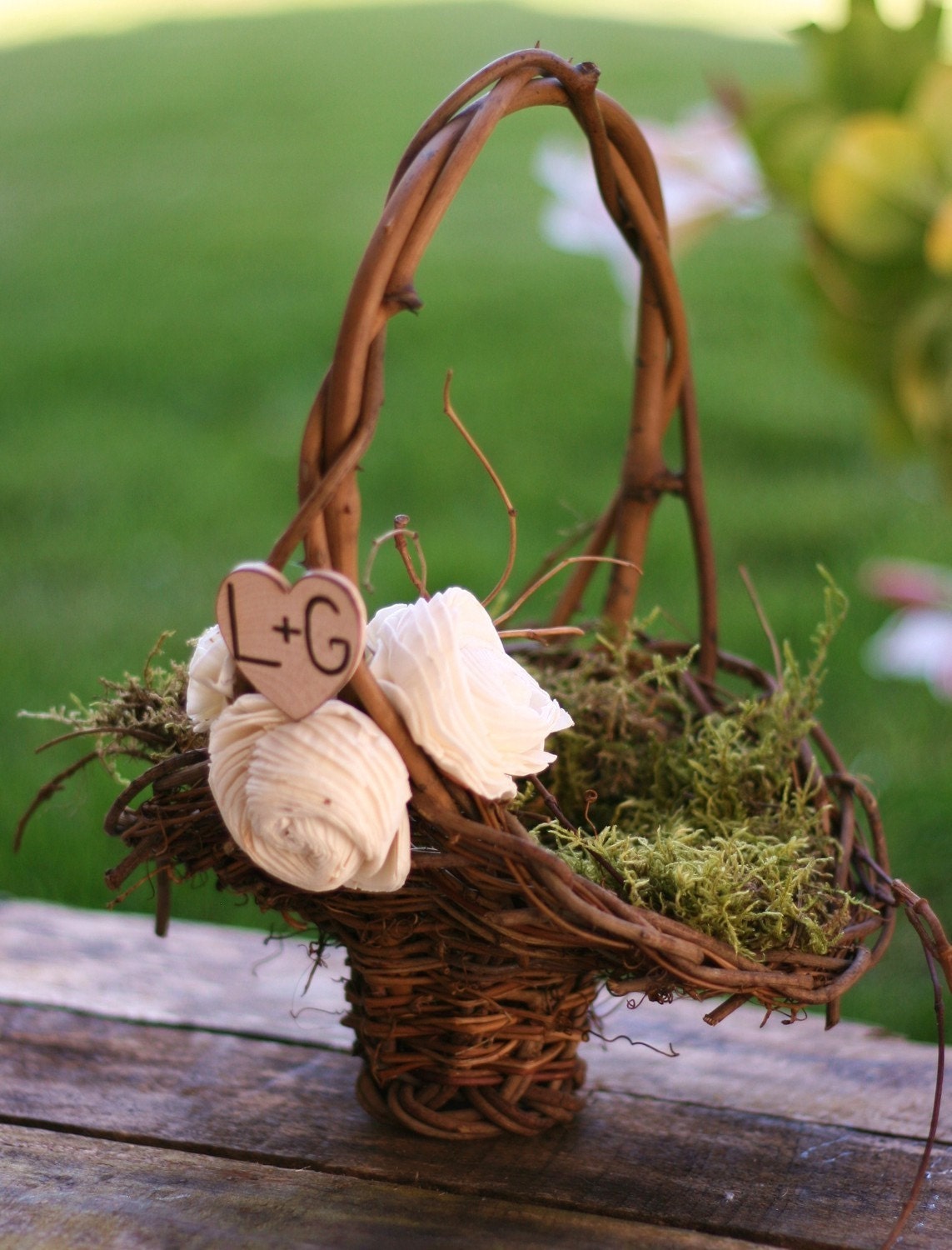 Personalized Woodland Rustic Twig Flower Girl Basket With Engraved Wood Heart And Vintage Inspired Paper Roses Moss Lining