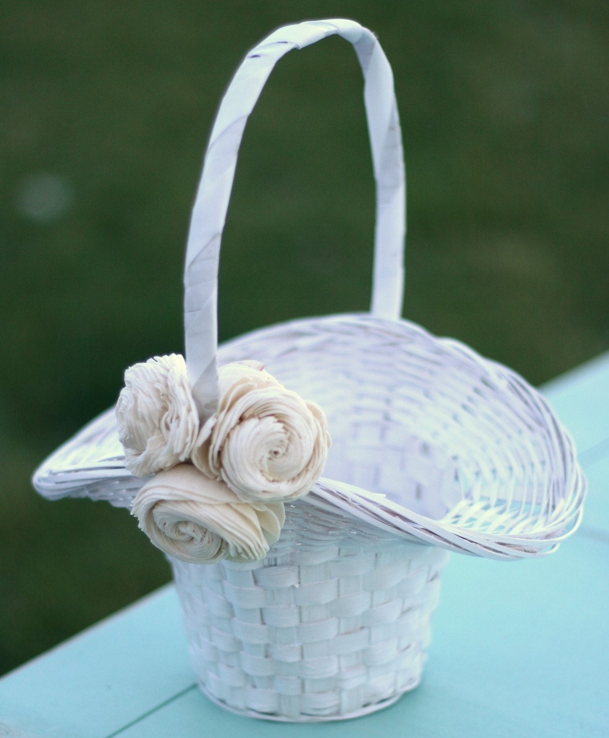 Rustic Flower Girl Basket Paper Roses Vintage Inspired Wedding (item B10399)