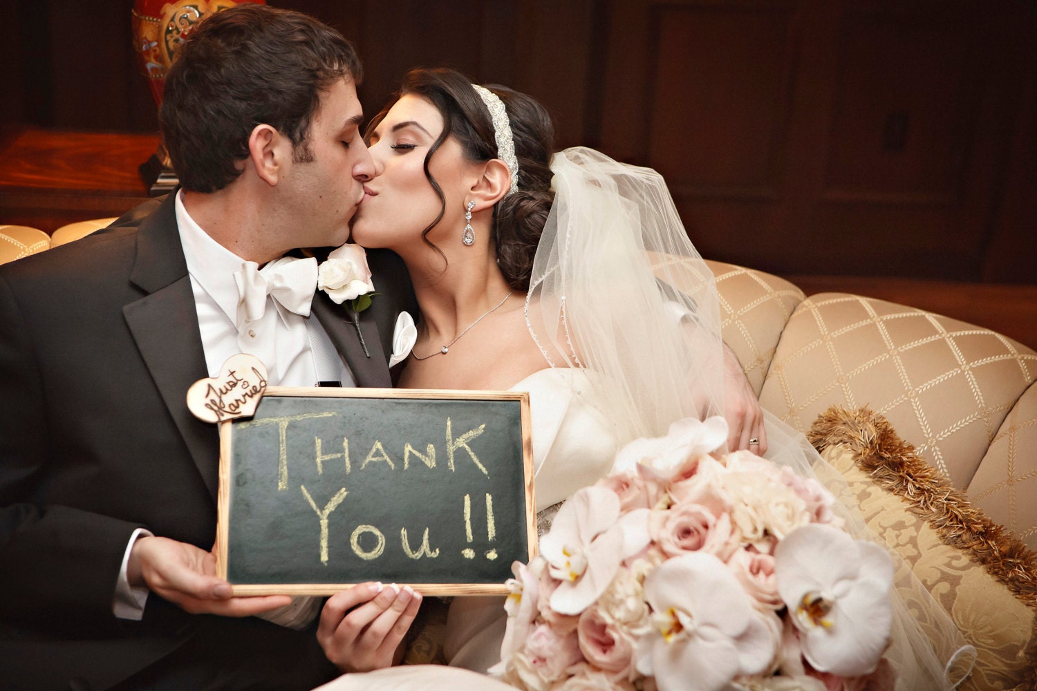 Chalkboard Frame With Personalized Engraved Wood Heart Just Married Sign
