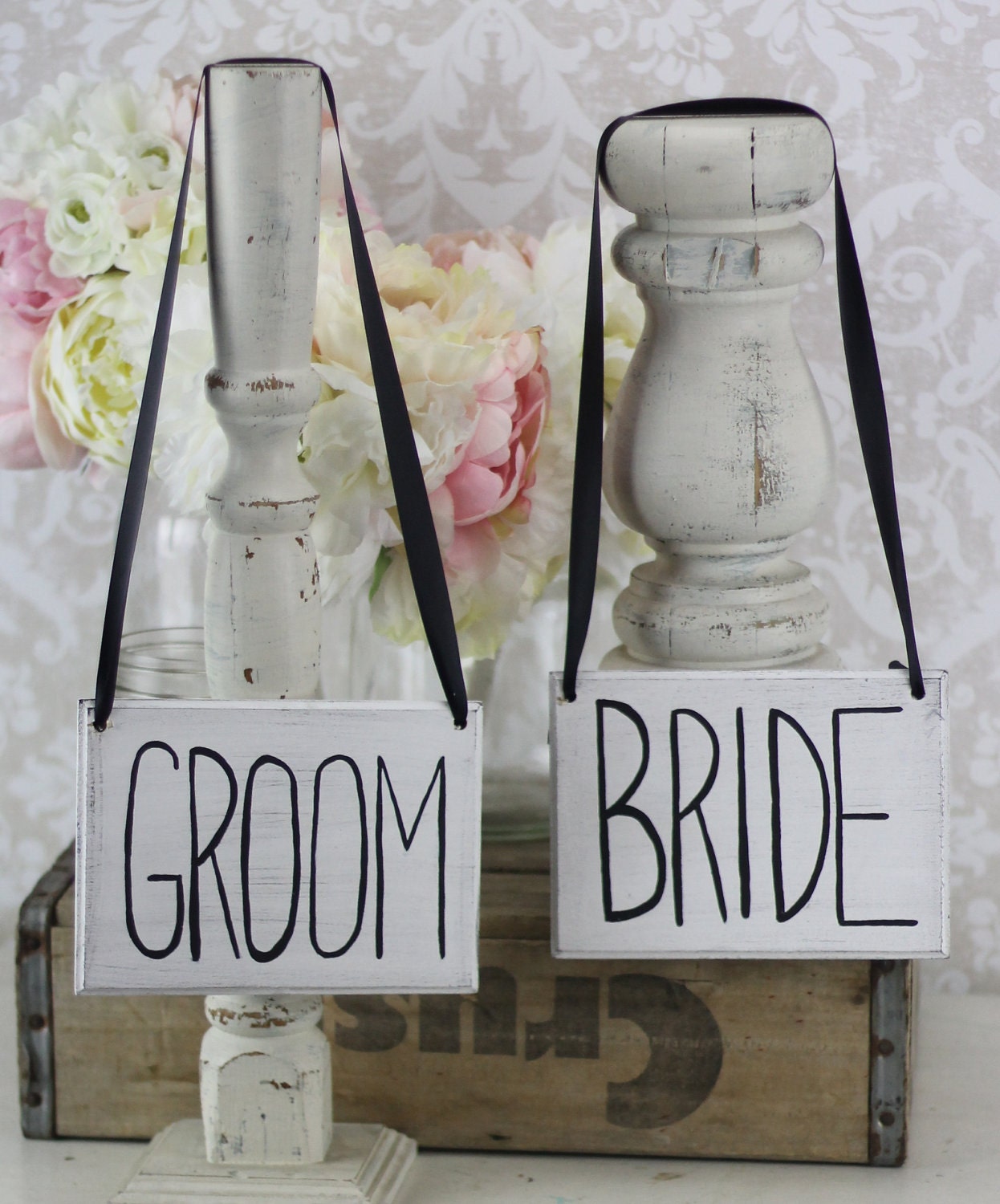 Bride and Groom Chair Signs Rustic Shabby Chic Wedding Decor (item P10326)