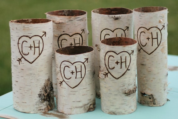 6 Personalized Custom Engraved Birch Bark Wood Vases or Candle Sleeves
