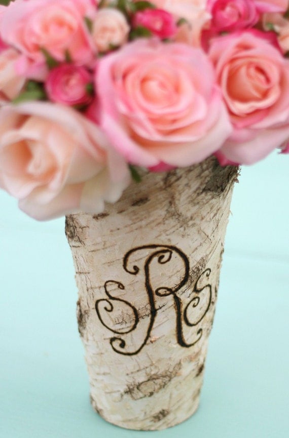 SET of 20 Personalized Custom Engraved Monogrammed Tall Birch Bark Wood Vases