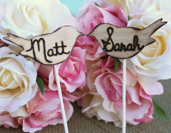 Love Birds Cupcake Cake Toppers Rustic Personalized Wedding Decor (item E10042)