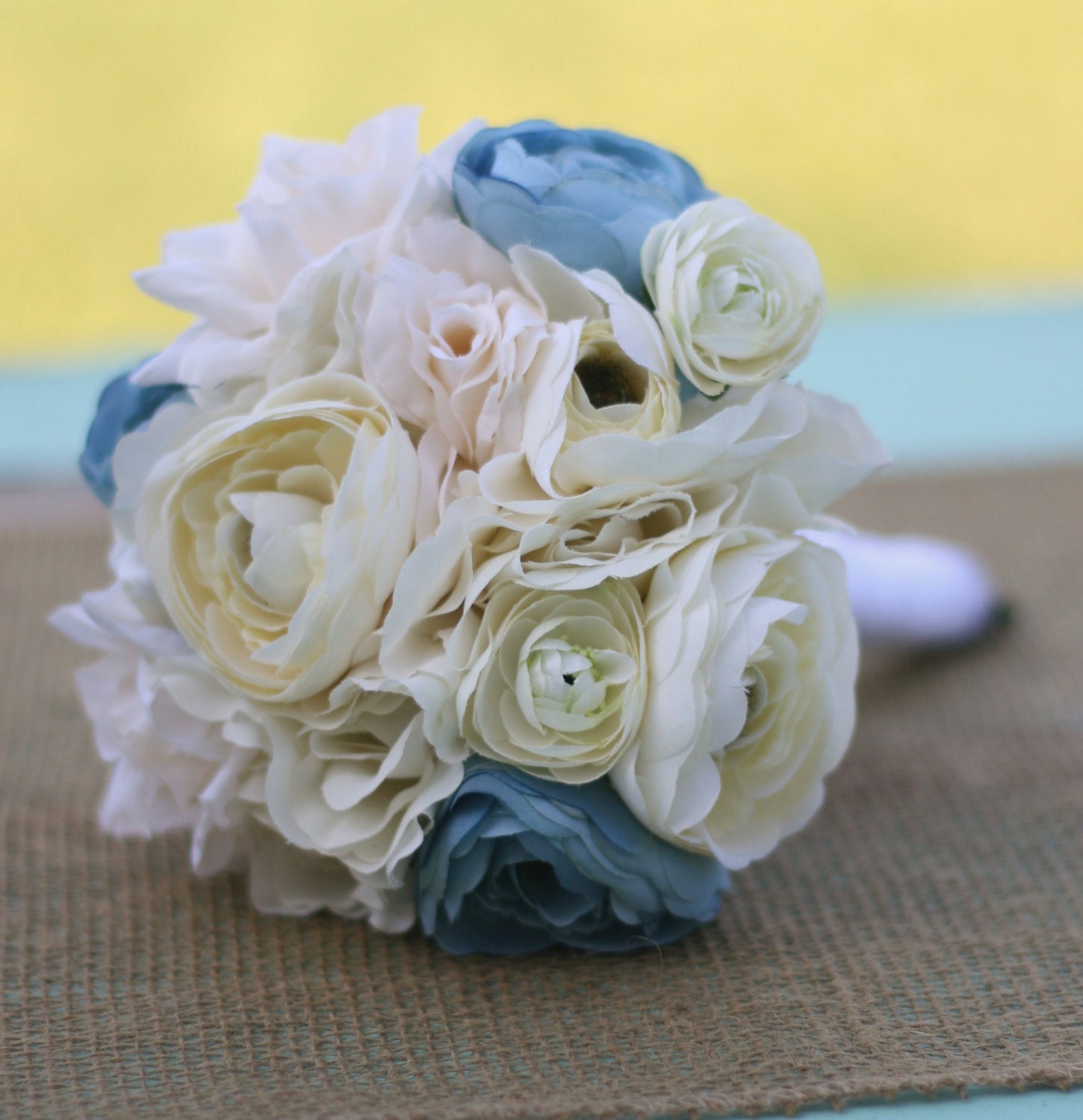 Shabby Vintage Chic Inspired Bride Bouquet Cream Ivory Dusty Blue Roses Ranunculus Wrapped In Lace Silk Arrangement Winter New Years Silver