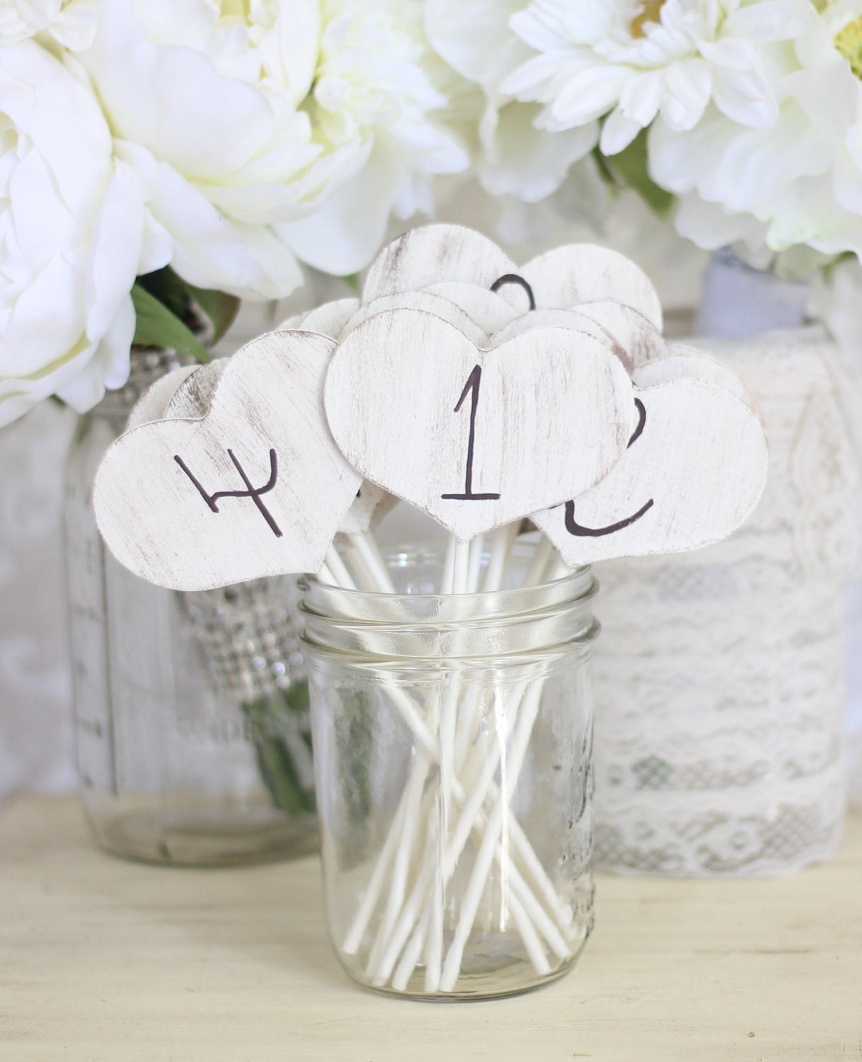 Shabby Chic Table Numbers Hearts On Sticks SET Of 15 (item P10224)