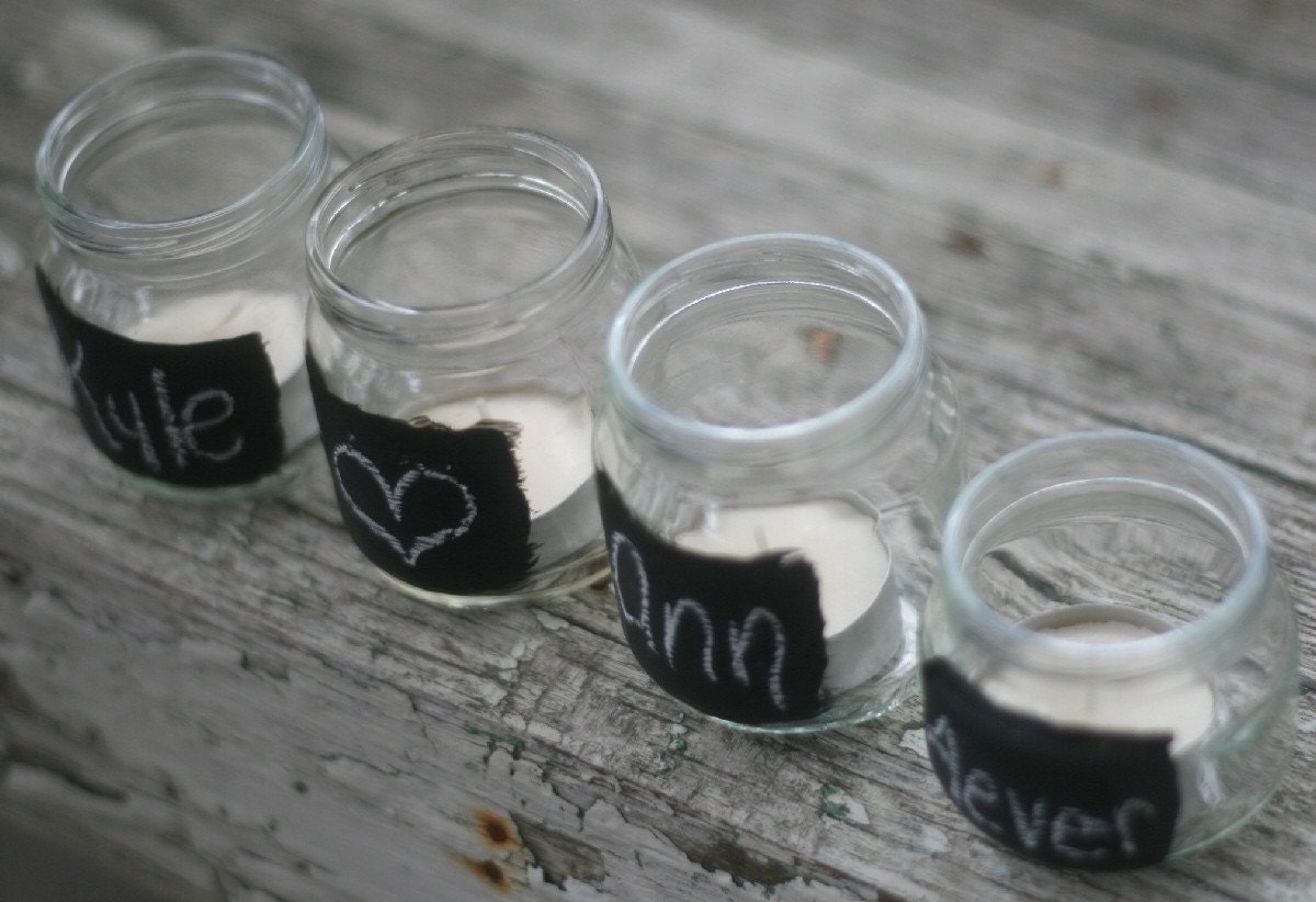 Upcycled Glass Jars With Chalkboard Fronts Tea Light Candle  Holder Rustic Woodland Wedding