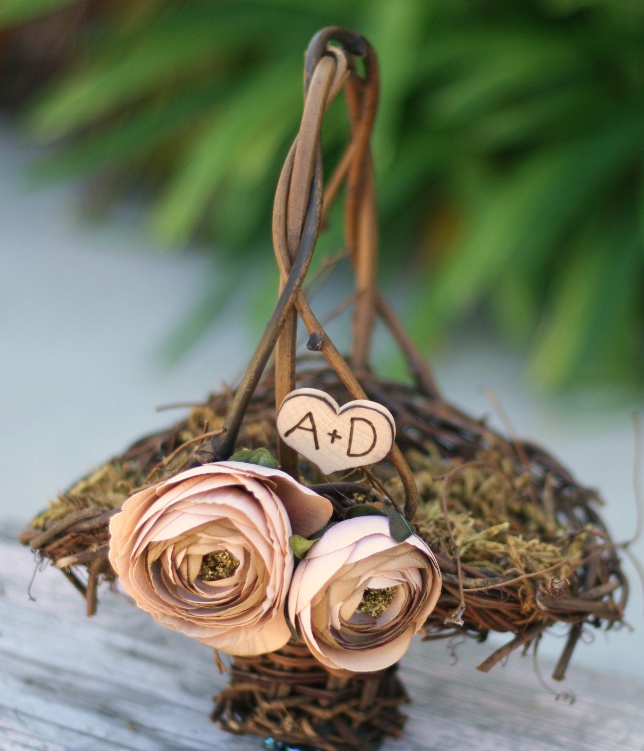 Personalized You Pick The Colors Custom Woodland Chic Moss Ring Bearer Pillow and Rustic Flower Girl Basket SET