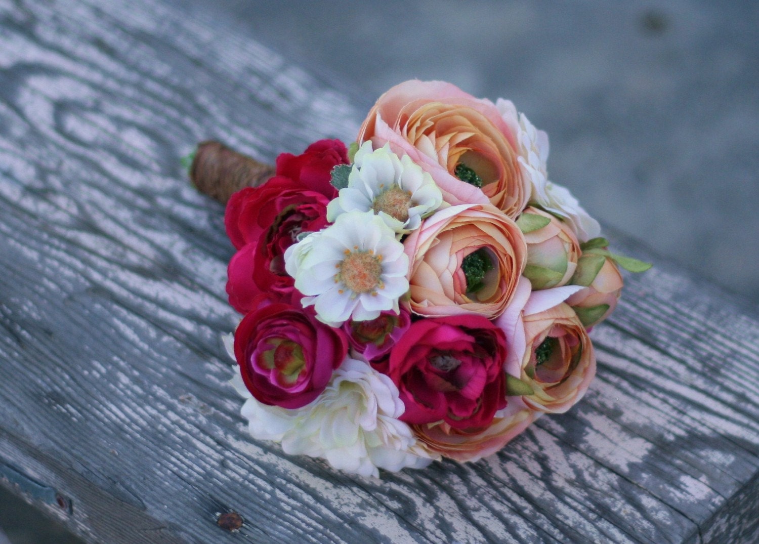 Spring Summer Bride Bouquet White Cream Pink Peach Roses Ranunculus Rustic