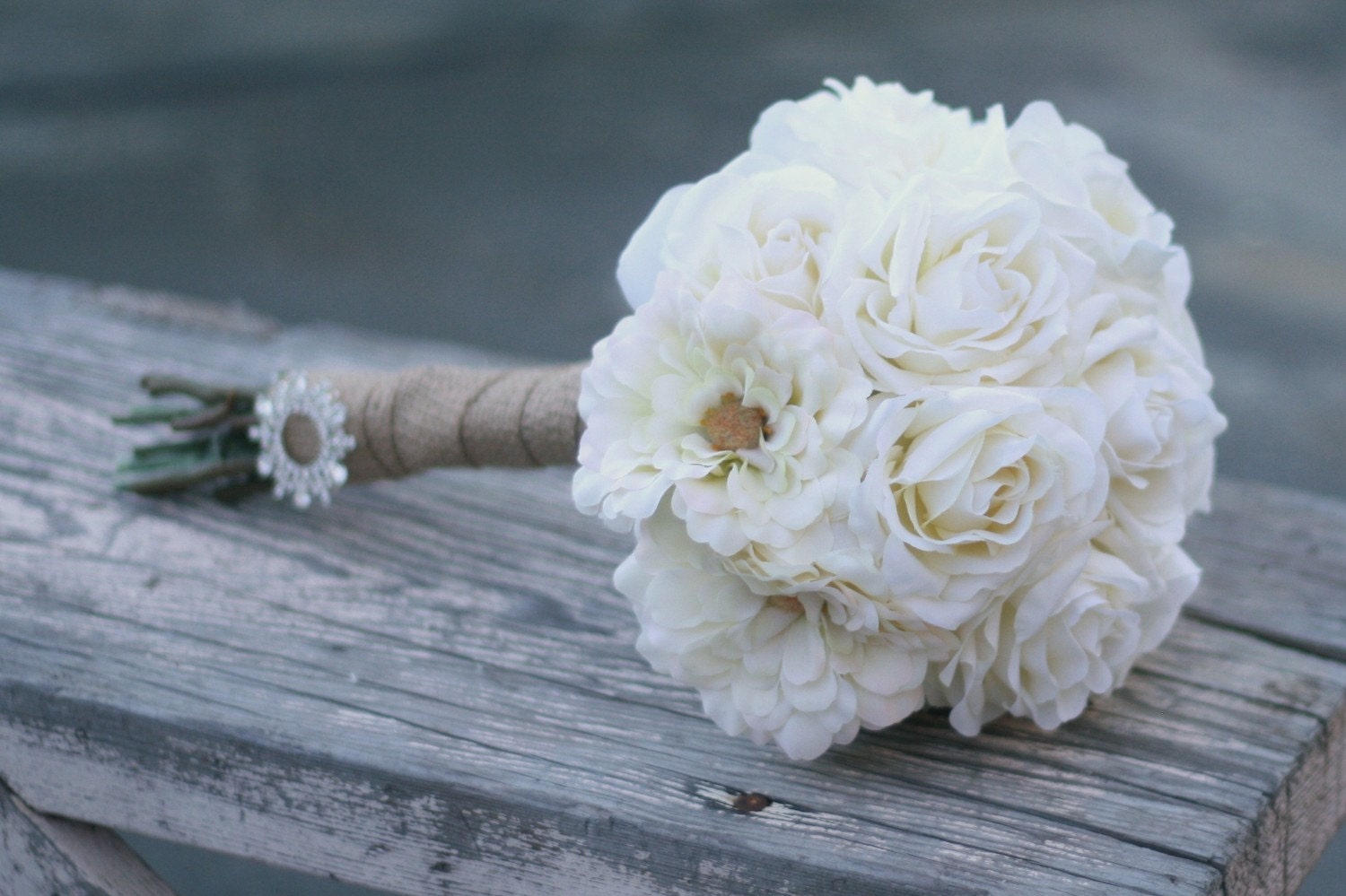 Bride Bouquet Off White Cream Vintage Antique Roses & Ranunculus Wrapped In Rustic Burlap
