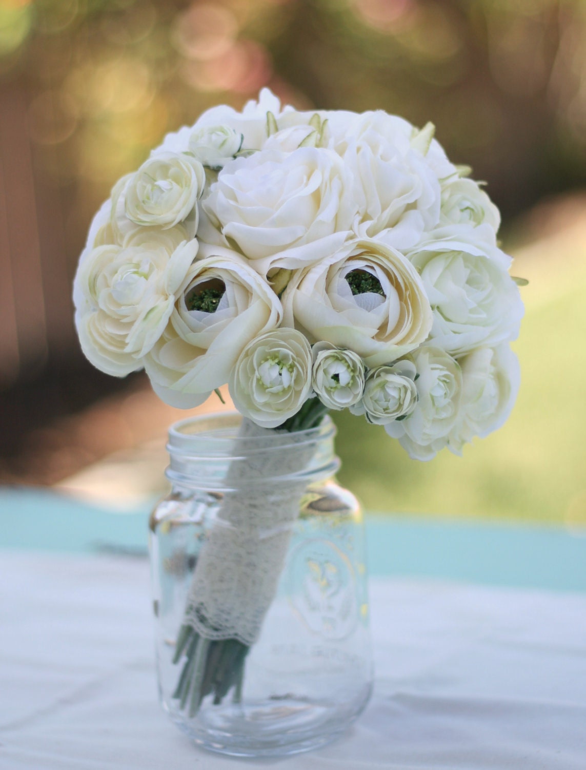 Bride Bouquet White Cream Roses Ranunculus Burlap and Lace Silk Arrangement