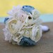 Shabby Vintage Chic Inspired Bride Bouquet Cream Ivory Dusty Blue Roses Ranunculus Wrapped In Lace Silk Arrangement Winter New Years Silver
