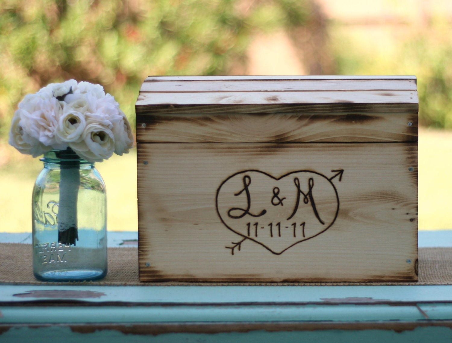 Rustic Card Box Personalized Wedding Engraved Wood (item E10066)