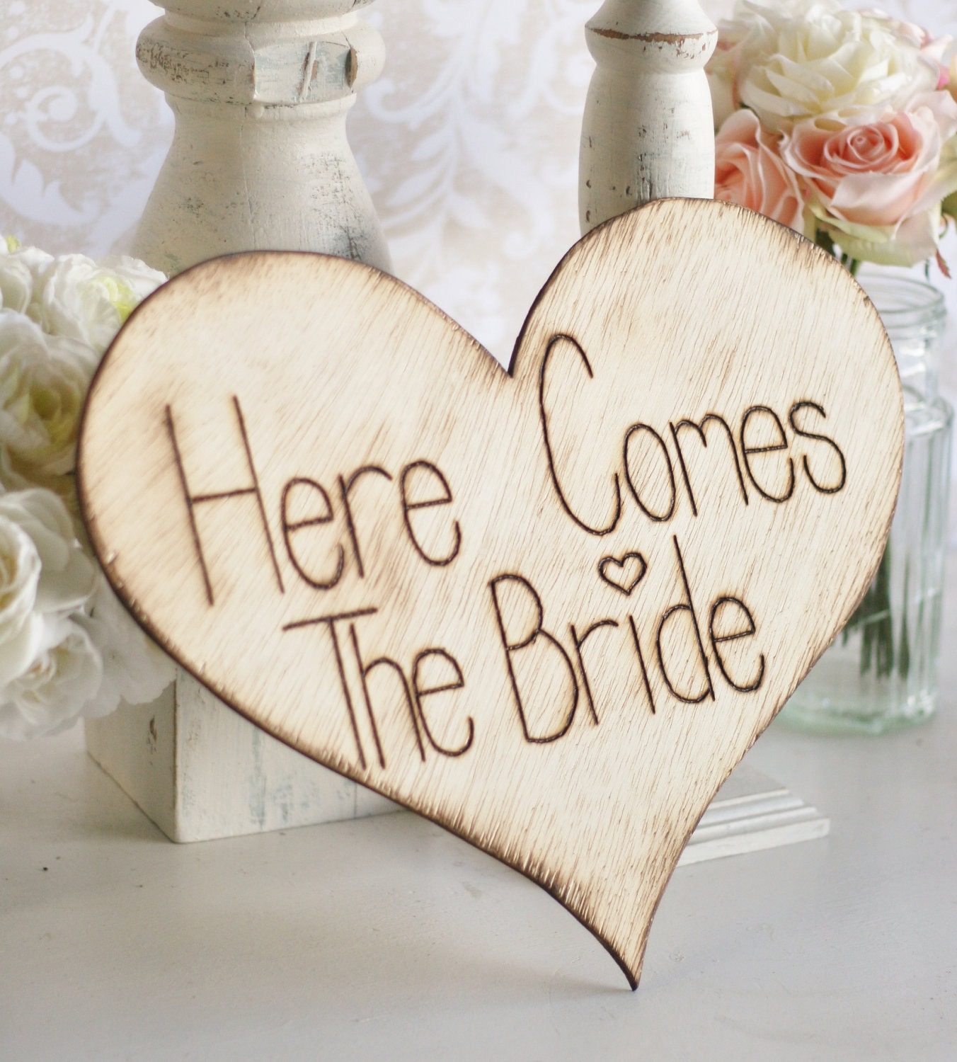 Here Comes The Bride Flower Girl Ring Bearer Sign 12" Engraved Rustic Wedding Decor (item E10150)
