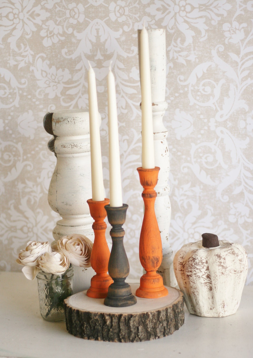 Thanksgiving Home Decor Fall Harvest Candle Stick Holders Rustic Chic Distressed Wood Set of 3