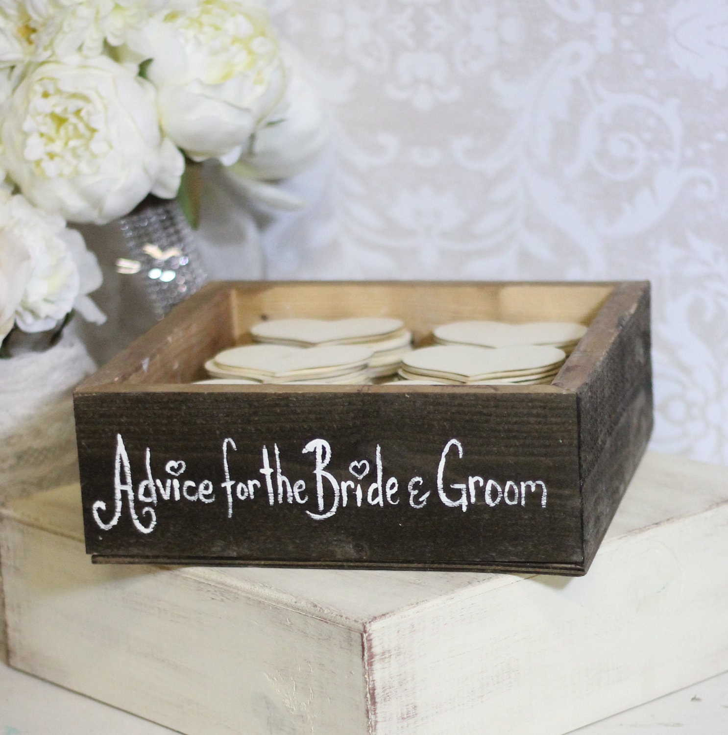 Rustic Guest Book Box Advice For The Bride and Groom Wood Hearts Large Size