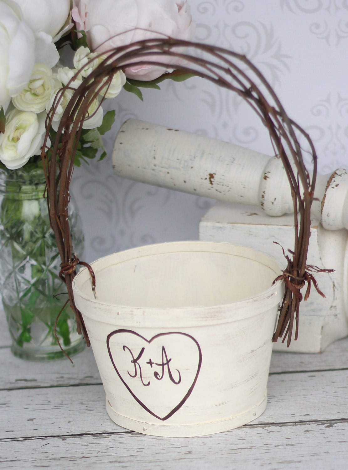 Personalized Flower Girl Basket Shabby Chic Wedding Rustic Decor (item P10611)