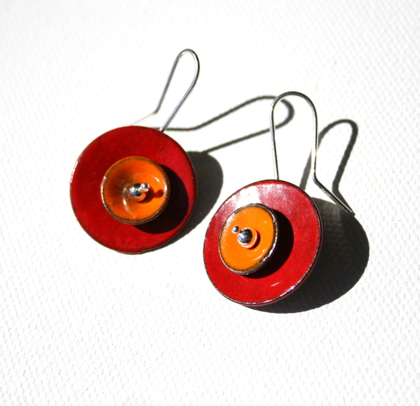 orange enamel earrings my eyes are on you handmade  orange and red