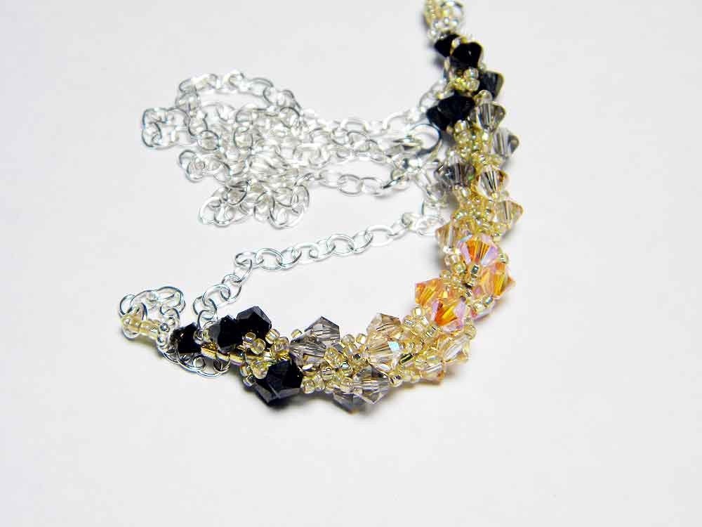 Gold Swarovski Necklace - Golden Shadow Jet Nut 2X Greige Light Peach 2X AB Beadweaving Sterling Silver - "24 Karat"