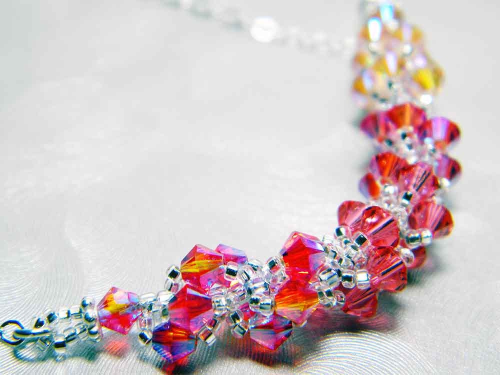 Peach Swarovski Necklace Light Peach 2X AB Indian Pink 2X AB Padparadscha Fire Opal 2X AB Beadweaving Sterling Silver - "Nic's Peachy Keen"