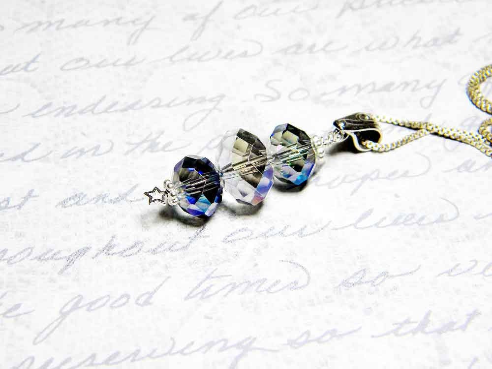 Iridescent Blue Crystal Roundelle Pendant, Sterling Silver - "Orion's Belt" by Whimsy Beading
