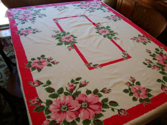 Stunning Vintage STARTEX Tablecloth with Pink Wild Roses - Great Condition - 63x50