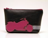 motorcycle small black mini clutch pouch : hot pink motorcycle on black pleather