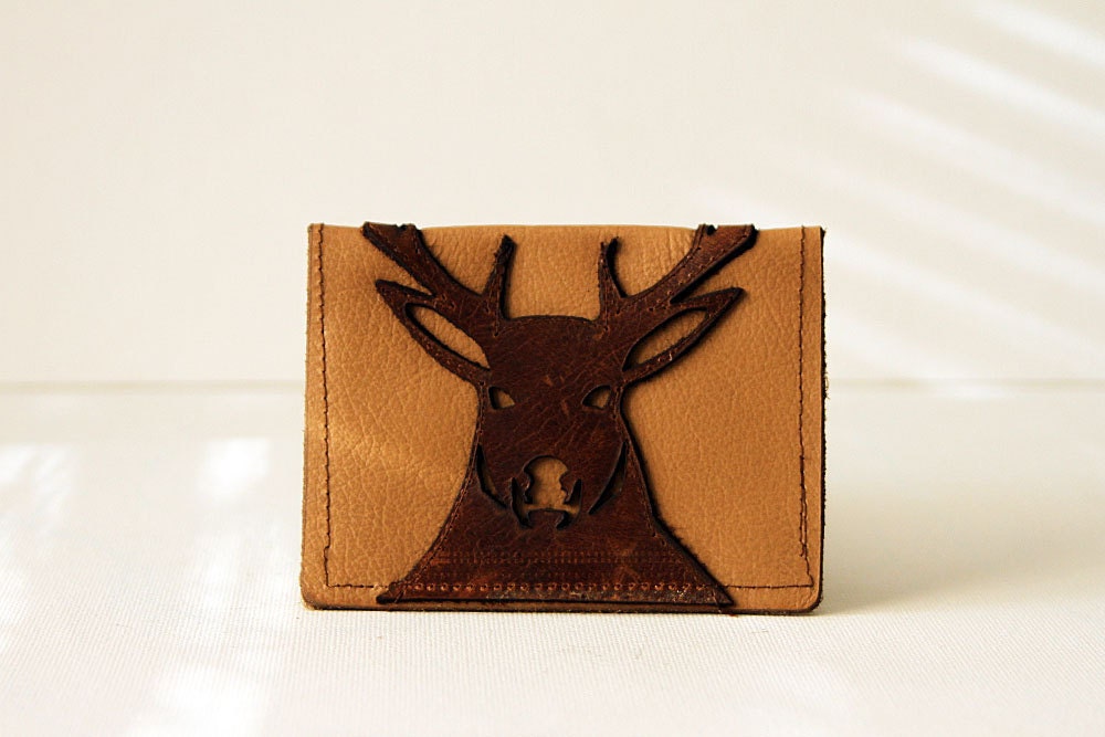 men's wallet / card case - "stag party" : brown deer / buck on tan upcycled leather