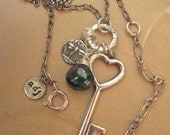 Green Onyx, Heart Key, Dragonfly Antique Silver Charm Necklace