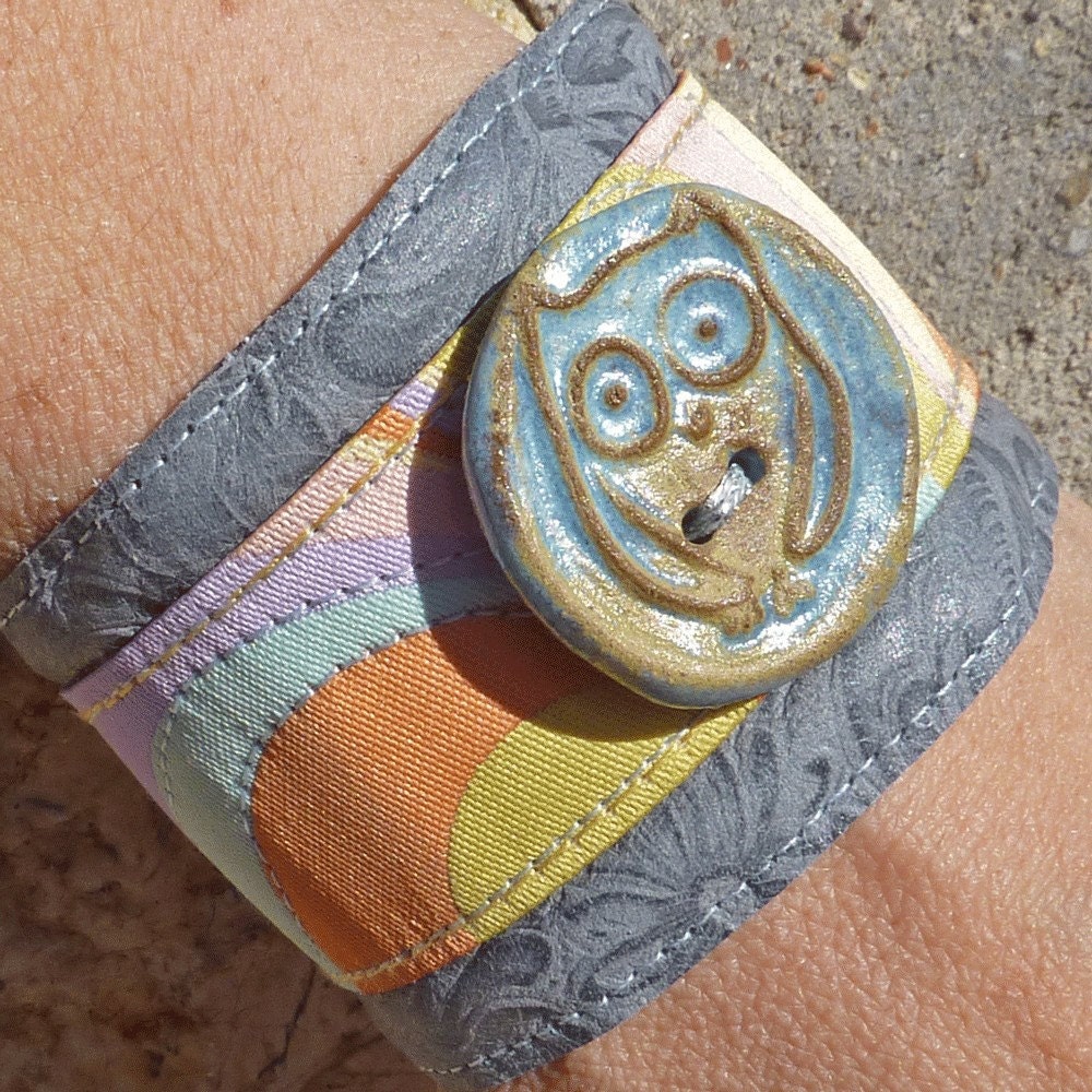 Archimedes Is Feelin Groovy Leather and Fabric Cuff with Stoneware Button