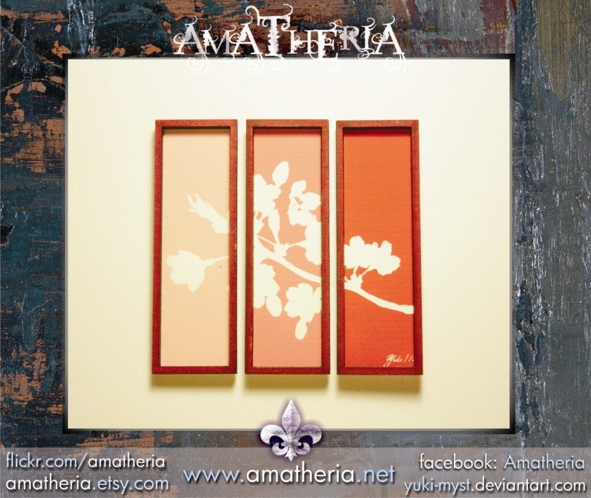Modern miniature dollhouse tryptic painting 1/12, Sakura red