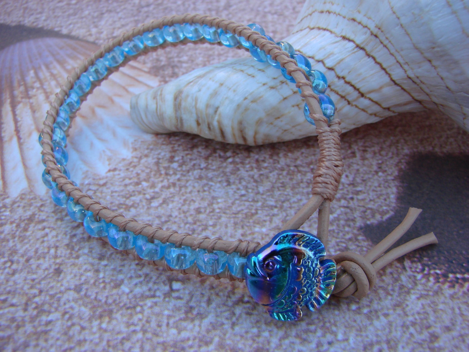 Tropical Fish Button Leather Wrap Bracelet by Donia N2Beadz