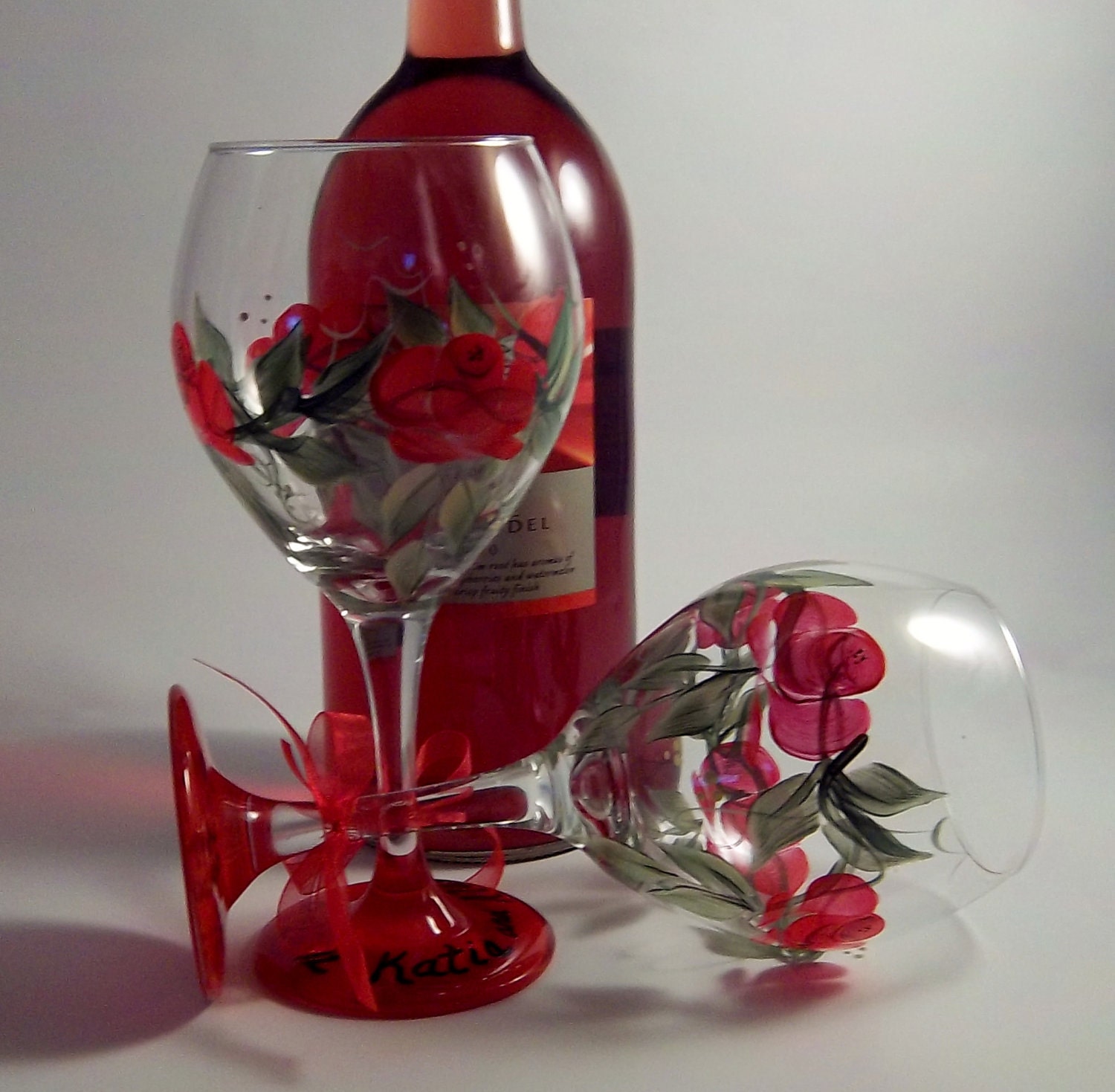 Hand Painted Wine Glasses With Red Roses By Coastalstrokes