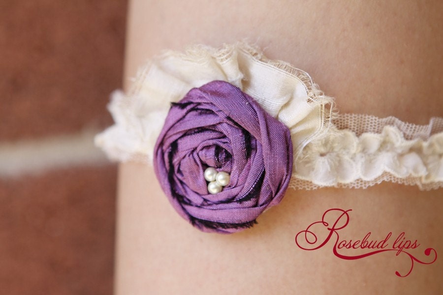 Ivory Wedding Garter Set- Purple accent rose