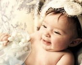 Evelyn Newborn Headband Clip-  White Rosebuds