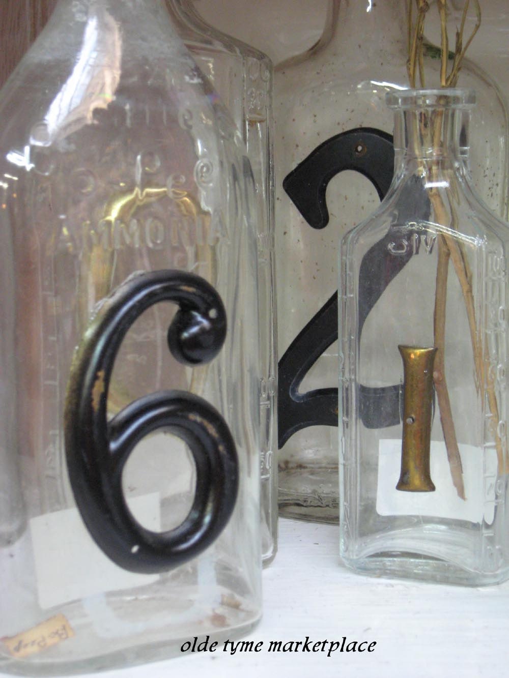 TREASURY ITEM...Vintage bottles with numbers....wedding table markers set of 10....