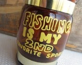 Vintage Fisherman Wooden Handle Amber Glass Mug Adult Humor Kitsch