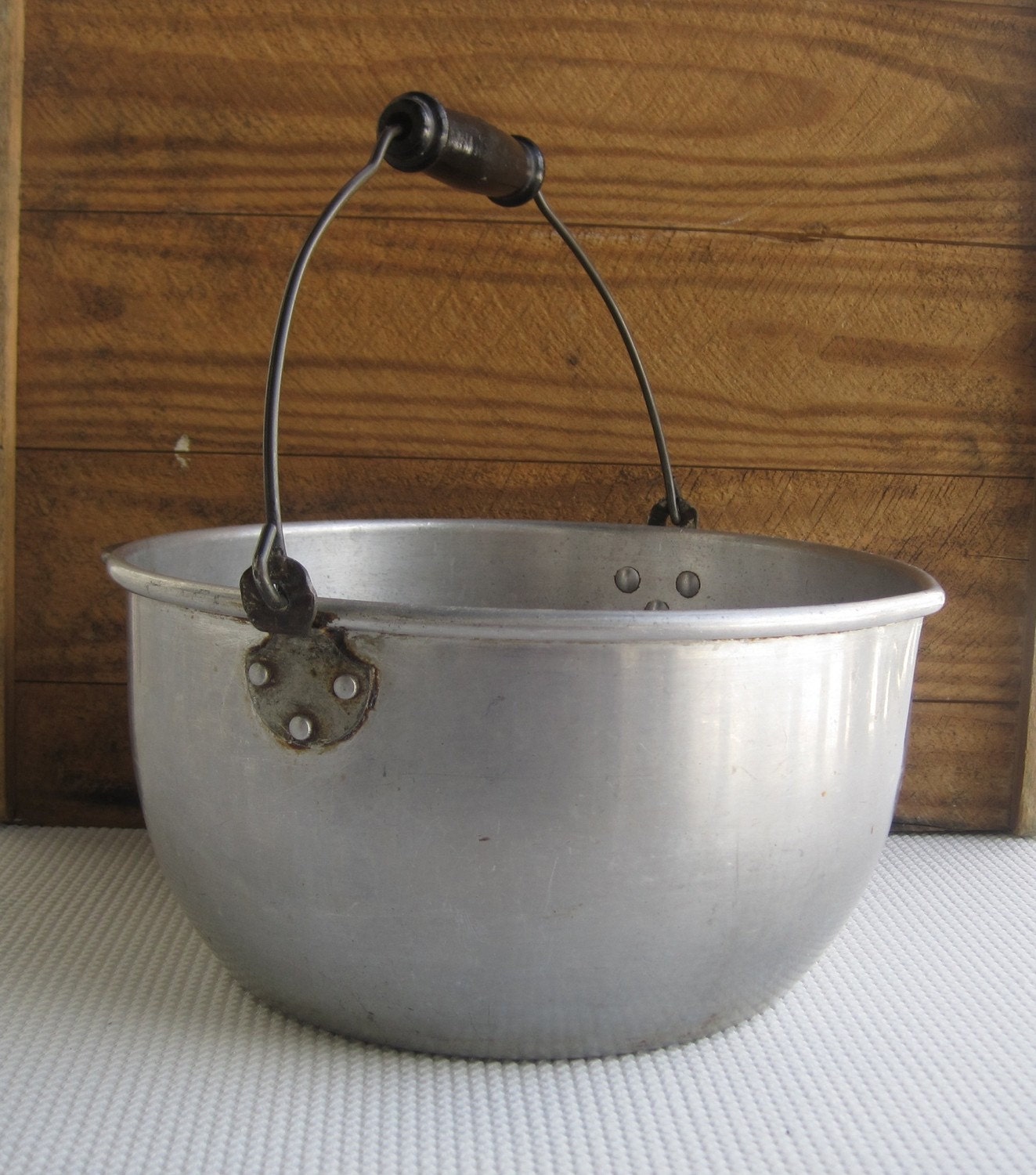 Vintage Aluminum Pot with Wire Bail and Wood Handle by corrnucopia