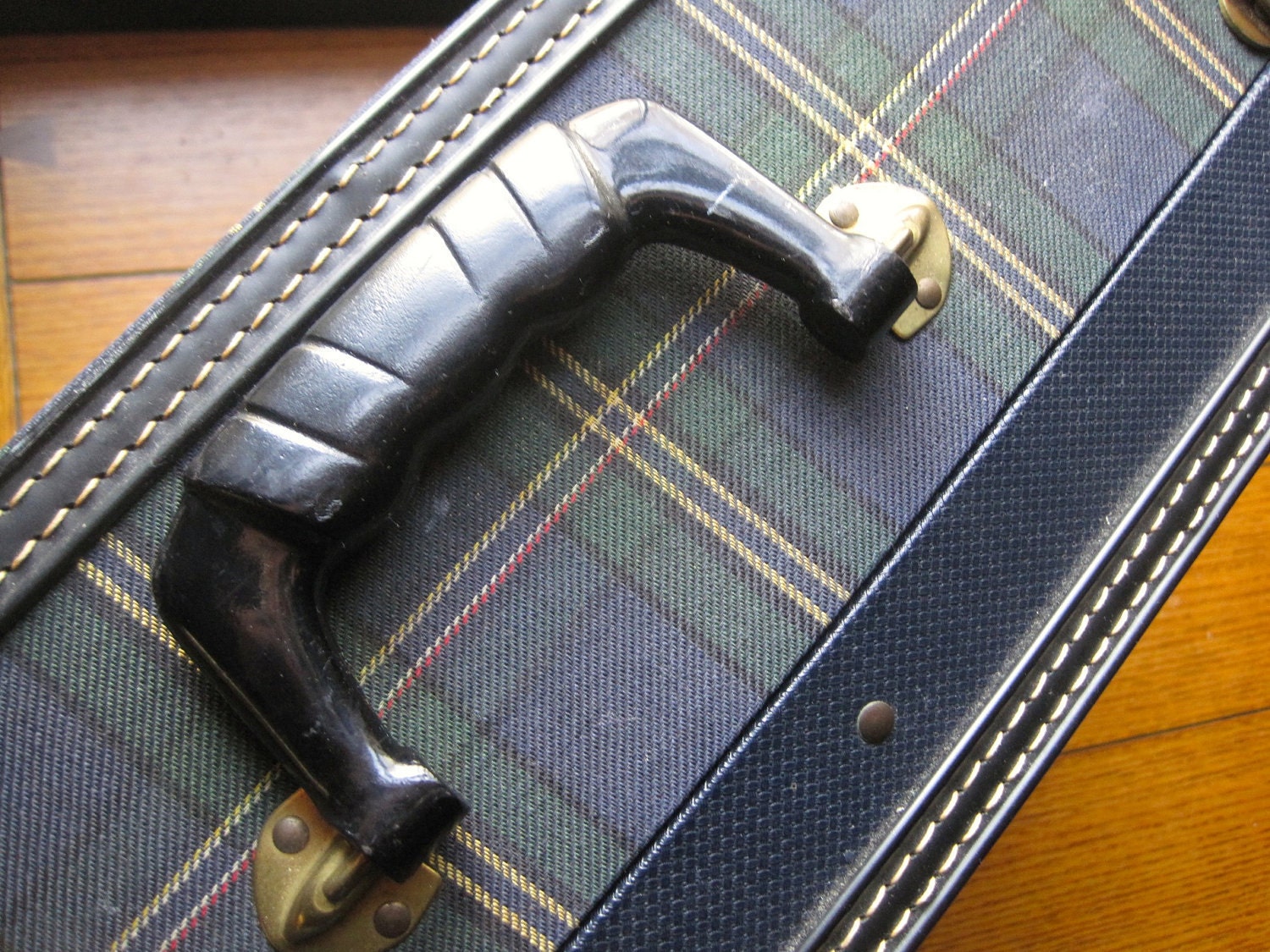 Vintage Blue Plaid Suitcase with Lock and Keys