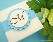 White and Blue Wedding Favor Box with Monogram Tag