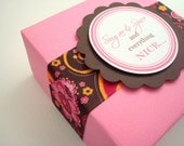 Pink Gift Box with Brown Floral Print Ribbon and Personalized Tag