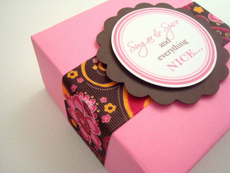 Pink Gift Box with Brown Floral Print Ribbon and Personalized Tag Il_570xn