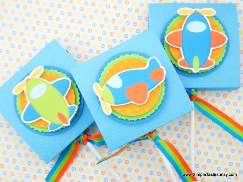 Airplane Lollipop Favors, Blue and Orange, Set of Ten