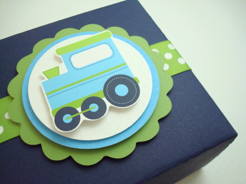 Birthday Train Favor Boxes, Navy Blue and Lime Green, Set of Ten