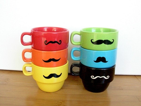 Upcycled Modern Stacking Mustache Espresso Mugs With Matching Plates and Holder